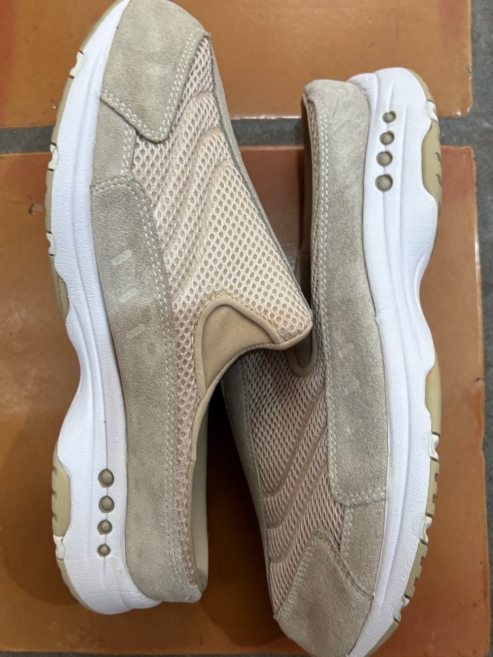 Easy SpiritTravel Time  Slip-On Suede & Mesh Mules in Beige and White
